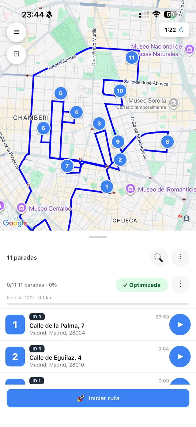 Xpedit - Ruta optimizada con 11 paradas en Madrid